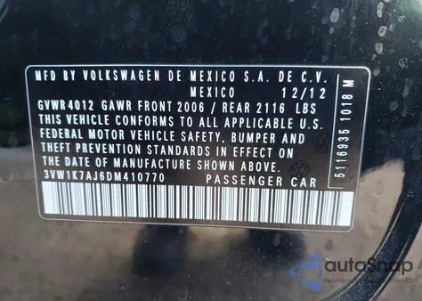 2013 Volkswagen Jetta 2.0L S из США, поврежденный, VIN 3VW1K7AJ6DM410770